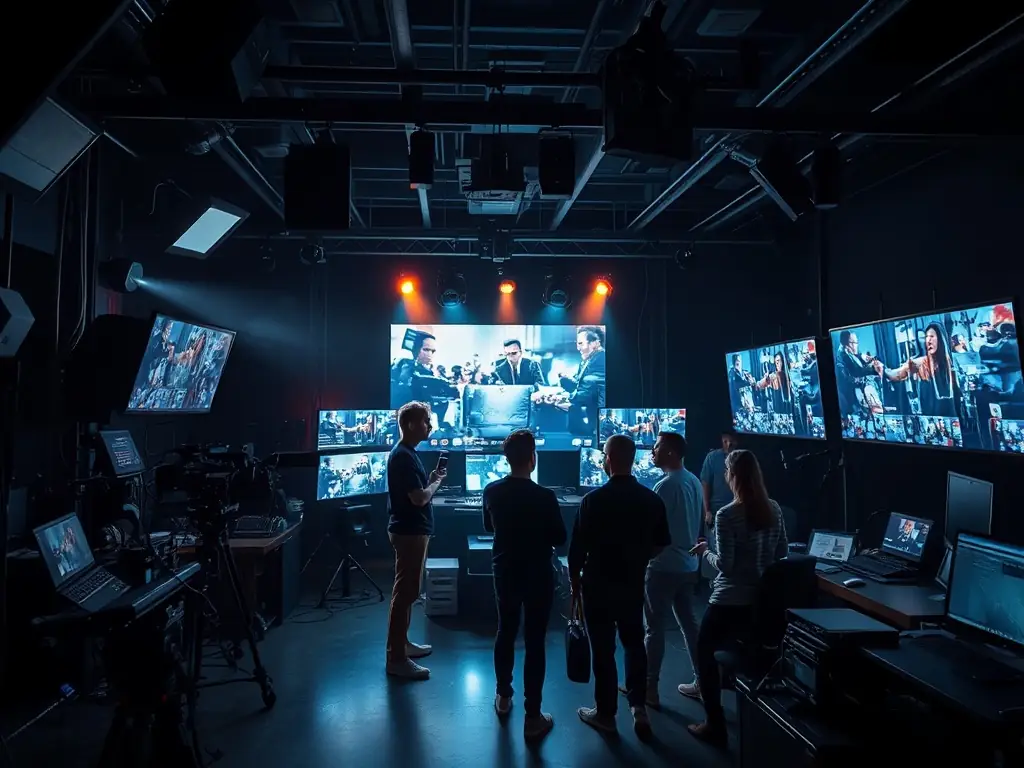 An image depicting a behind-the-scenes look at LME's content creation process, featuring state-of-the-art equipment and creative professionals collaborating, emphasizing exclusive content creation.